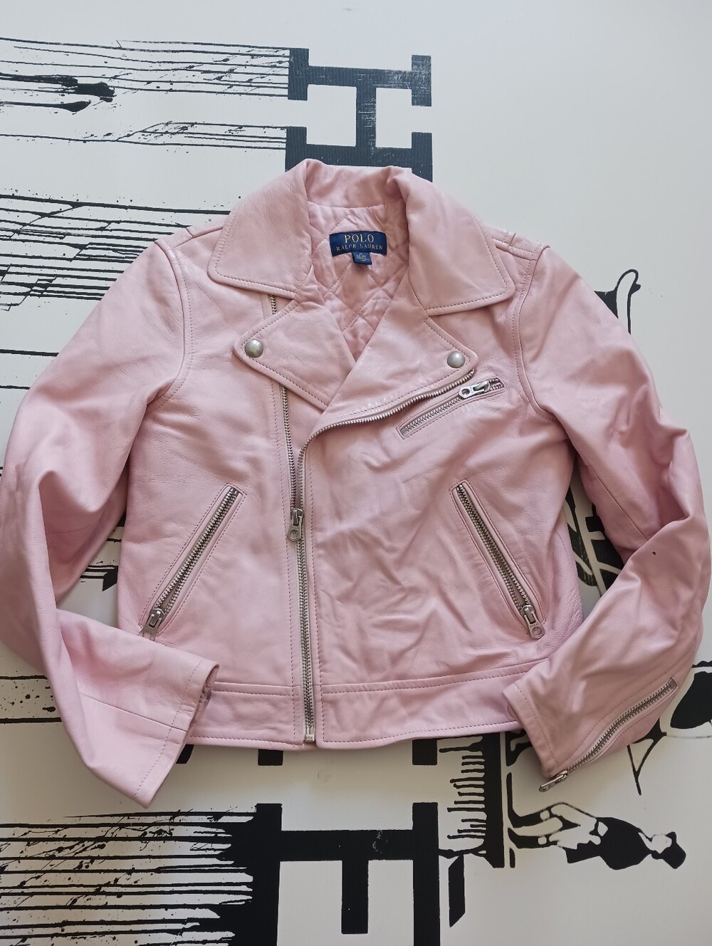 Polo Ralph Lauren Girls  Lamb Leather Powder Pink Moto Zip-Up Jacket Size 10-12